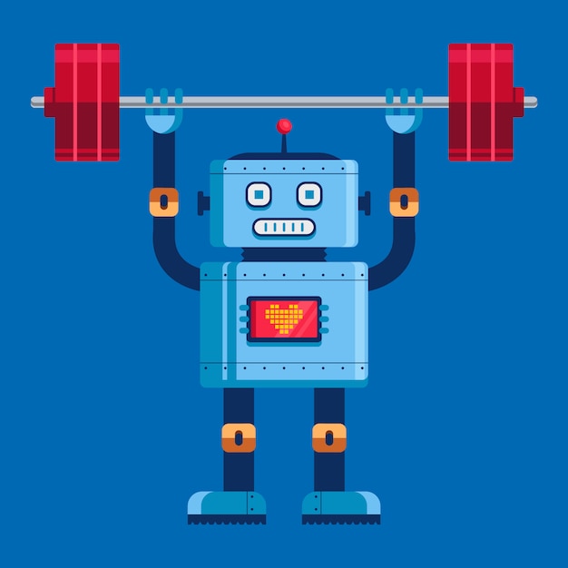 Cute robot raises the barbell in full growth. cute character vector illustration