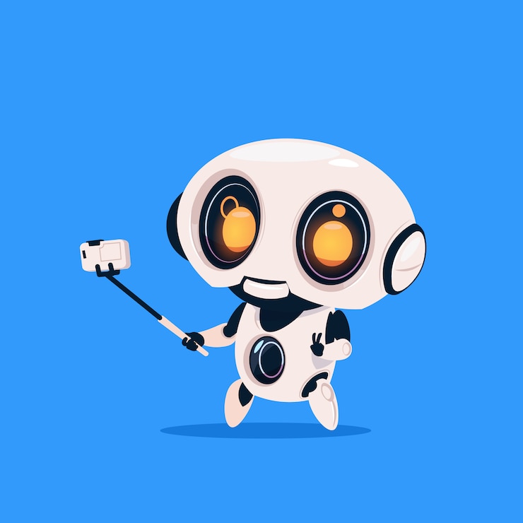 Vector cute robot take selfie photo isolated icon on blue background modern technology artificial intelligence