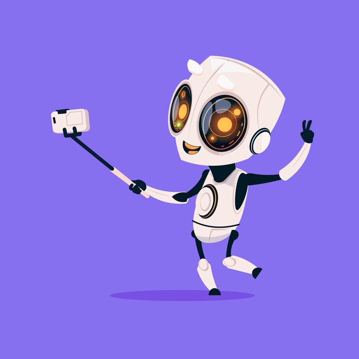 Vector cute robot take selfie photo isolated icon on blue background modern technology artificial intelligence 