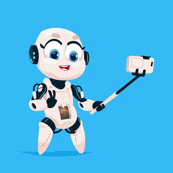 Vector cute robot take selfie photo robotic girl isolated icon on blue background 