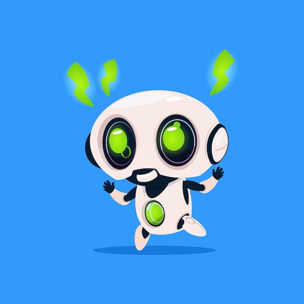 Cute robot with green lightning charge isolated icon on blue background modern technology artificial