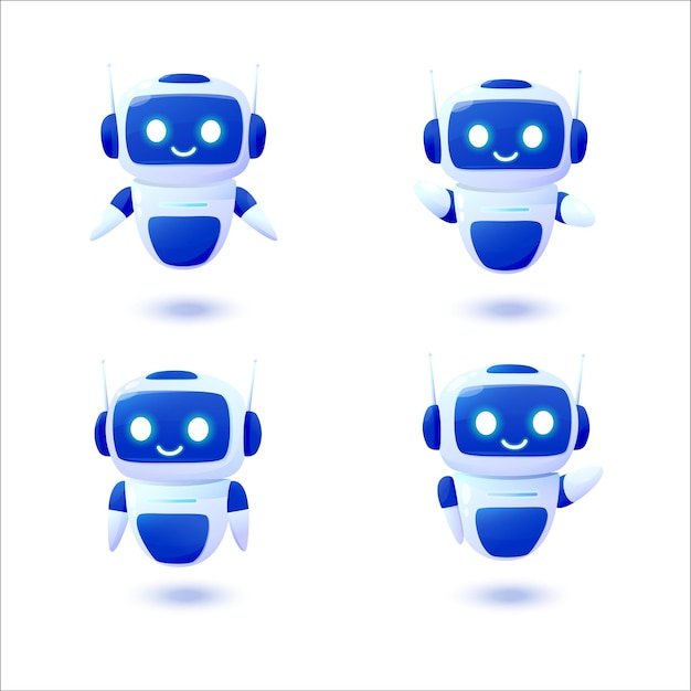 Вектор Симпатичные роботы - 2. симпатичный набор 3d-персонажей чат-ботов. векторная иллюстрация.