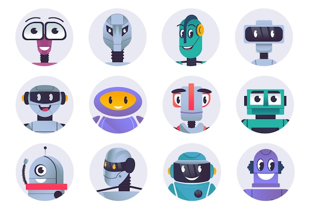 Vector cute robots characters avatars isolated set diverse robots with smiling face emotion