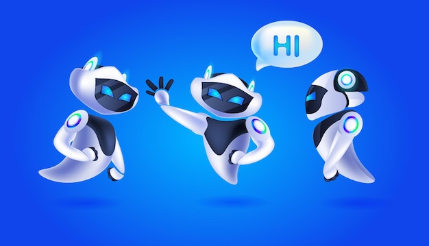 cute robots discussing during meeting chat bubble communication artificial intelligence technology concept full length horizontal vector illustration