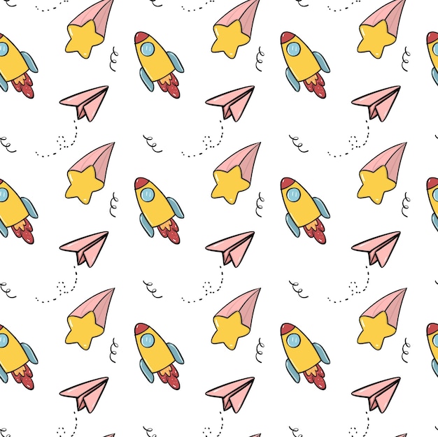 Vector cute rocket and paper plane seamless doodle pattern for back to schoo