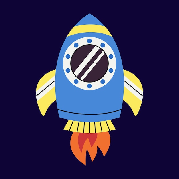 Cute rocket with fire, spaceship in outer space. Fantastic galaxy, cosmic rocketship, spacecraft