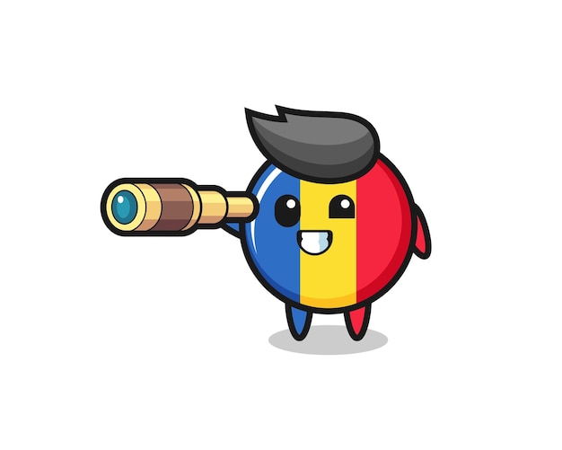귀여운 루마니아 국기 배지 캐릭터가 오래된 망원경을 들고 있다