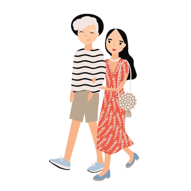 Cute romantic couple dressed in trendy clothes isolated on white background. stylish hipster boy and girl walk together. young man and woman in love. colored vector illustration in flat cartoon style