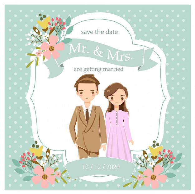 Cute romantic couple in wedding invitations card