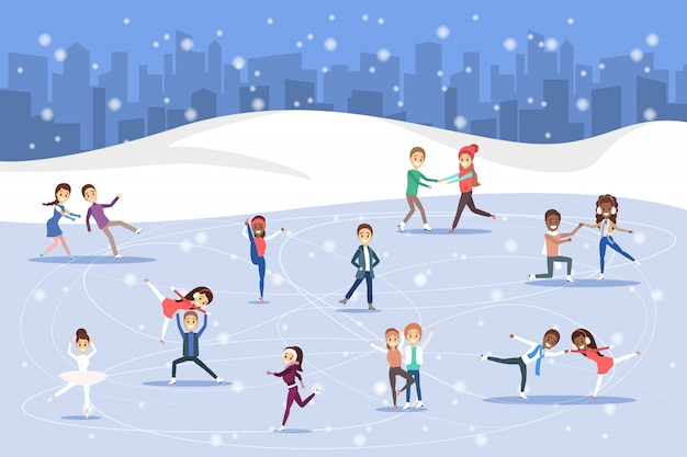 Vector cute romantic couples and professional skaters skate outdoors on the ice.