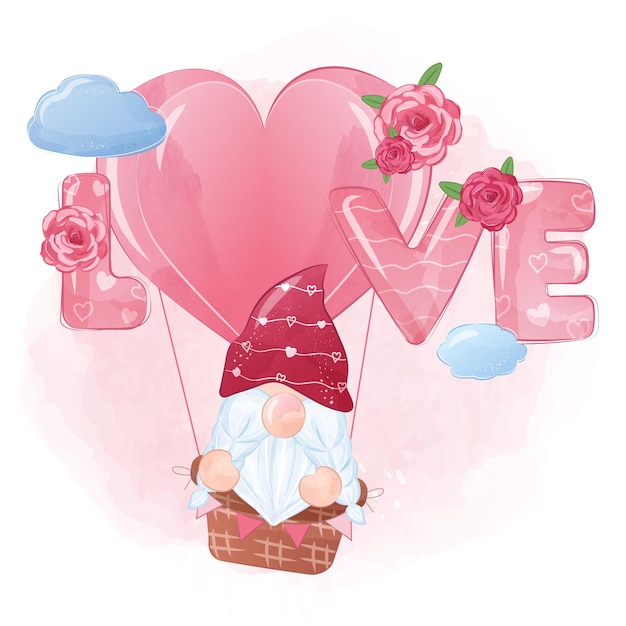 Vector cute romantic gnome in watercolor illustration