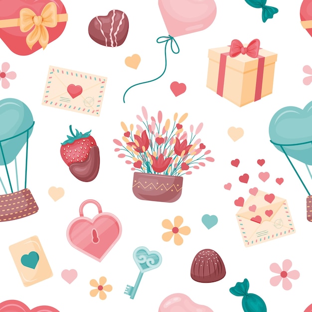 Cute romantic seamless pattern. cartoon style. Vector illustration. Endless valentine day texture.