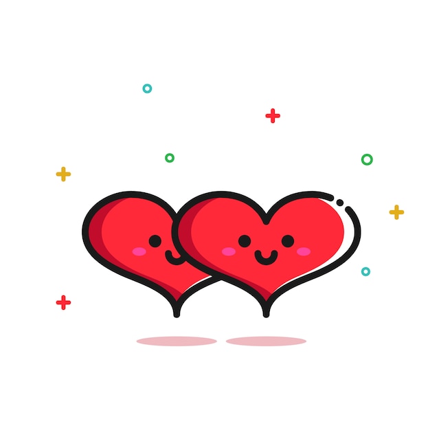 かわいいロマンチックな2つのラブハートイラストカップル プレミアムベクター