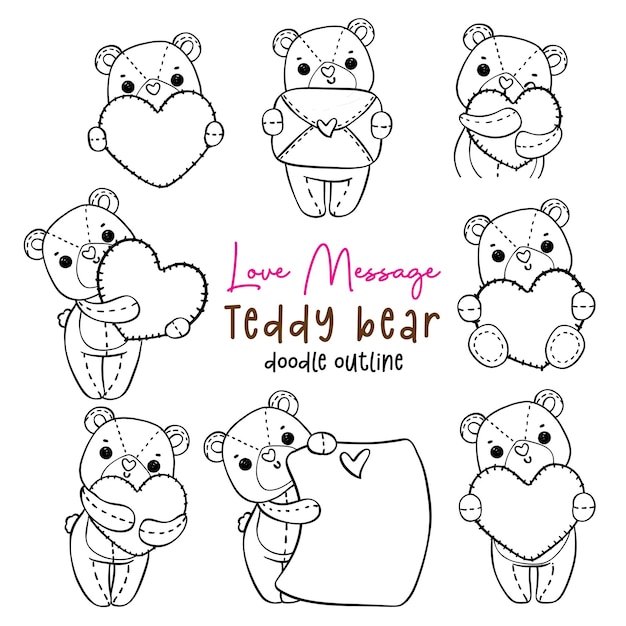 Cute romantic Valentine Teddy Bear with heart love message doodle hand drawing cartoon character outline for coloring page