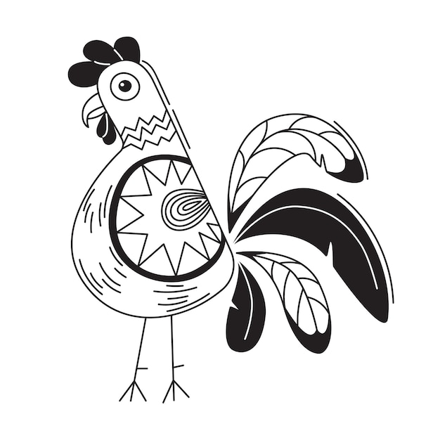 Cute rooster Hand drawn bird in cartoon style Line art doodle