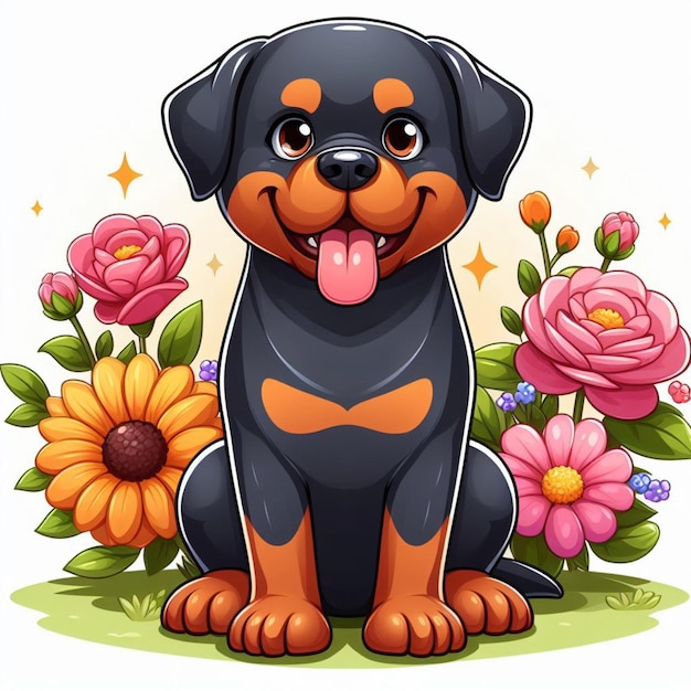 Vettore cuti rottweiler dogs amp flower vector illustrazione di cartoni animati