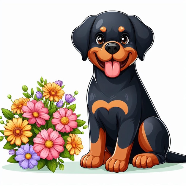 Vettore cuti rottweiler dogs amp flower vector illustrazione di cartoni animati