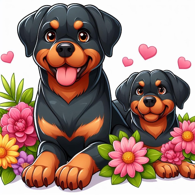 Cute Rottweiler Dogs amp Flower Vector Cartoon illustration