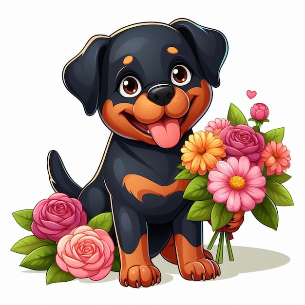 Милые собаки-ротвейлеры цветочный вектор иллюстрация мультфильма