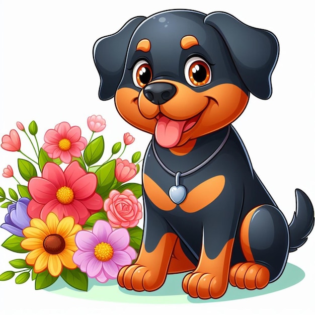 Cute Rottweiler Dogs amp Flower Vector Cartoon illustration