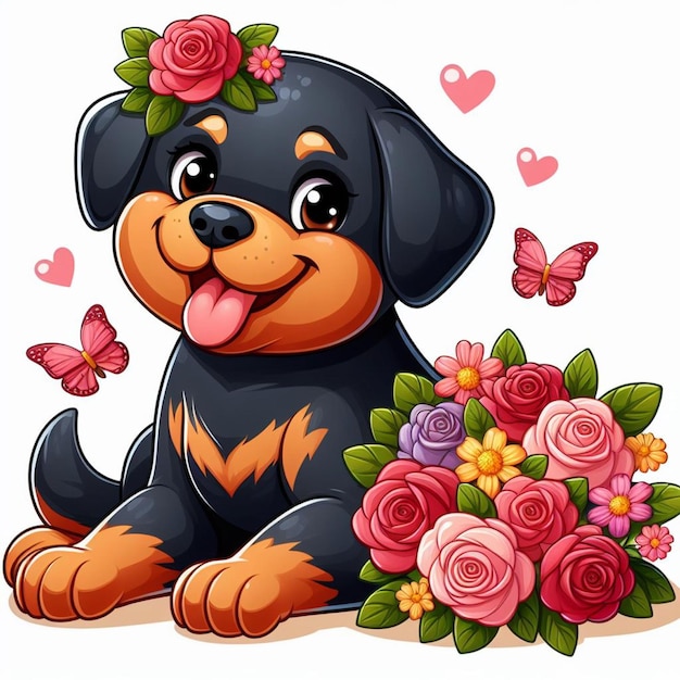 Vettore cuti rottweiler dogs amp flower vector illustrazione di cartoni animati