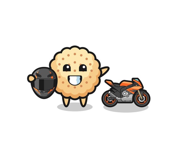 Cute round biscuits cartoon as a motorcycle racer cute design