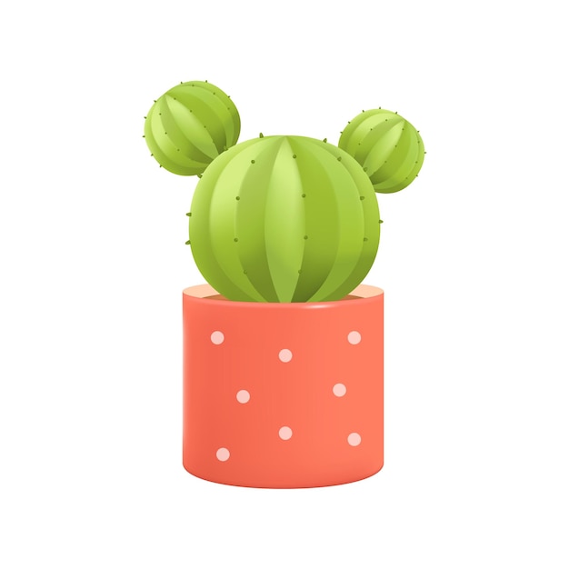 Cute round cactus in red flowerpot 3d illustration