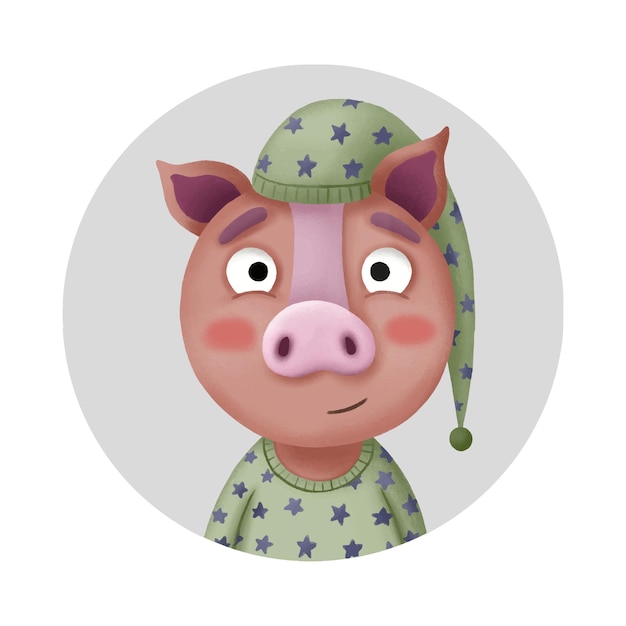 Симпатичная круглая икона с мультяшной свинкой в пижаме