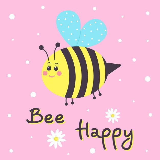 귀여운 라운드 웃는 꿀벌과 Chamomiles 꿀벌 행복 텍스트 인사말 카드 벡터 일러스트 레이 션