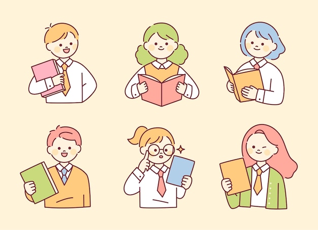 Simpatici bambini dalla faccia tonda in uniforme scolastica tengono i libri