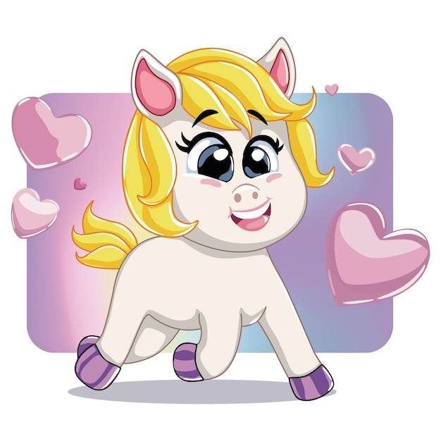 Cute running pony over colorful background with hearts