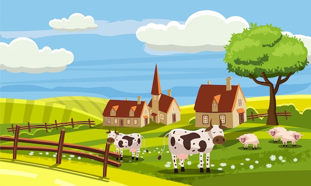 Cute rural landscape with farm and cute animals in cartoon style