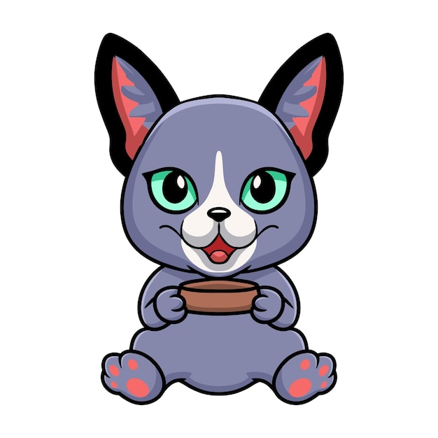 Cute russian blue cat cartoon holding food bowl