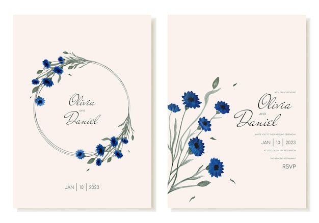 Cute rustic wedding invitation with field blue flowers cornflowers Vector template