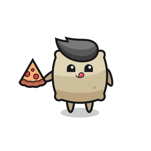 Cute sack cartoon eating pizza