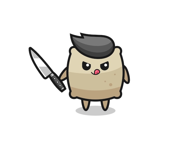 Cute sack mascot as a psychopath holding a knife