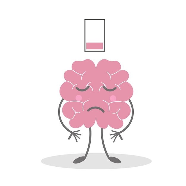 Симпатичный грустный мозг в стрессе с низким зарядом батареи, персонаж в депрессии