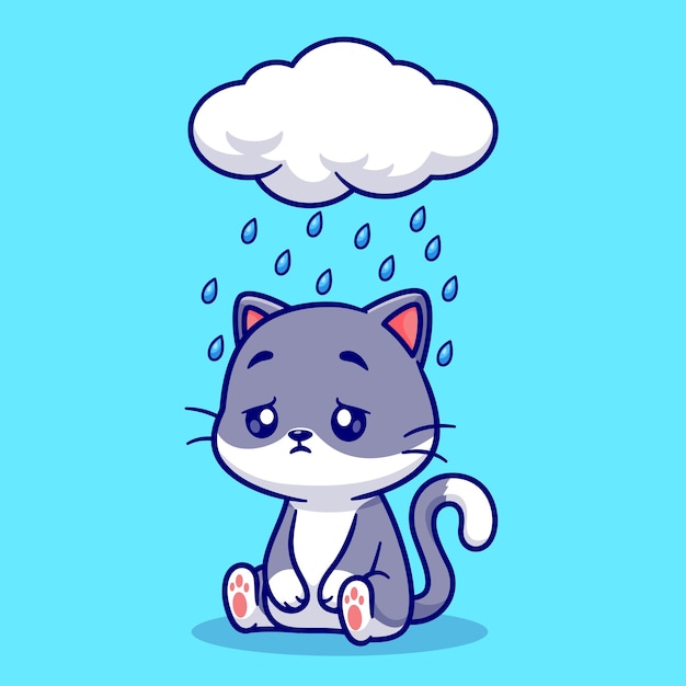 Вектор Симпатичная грустная кошка сидит под дождевым облаком мультфильм векторная икона иллюстрация икона природы животного изолирована