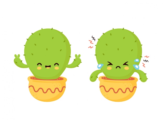 Cute sad cry dried and happy cactus.  flat cartoon illustration  . isolated on white background. cactus in pot concept