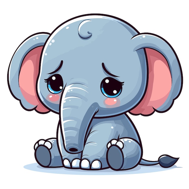 Cute sad elephant cartoon vector on white background