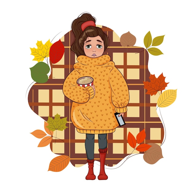 Vector cute sad girl in a sweater with a mobile phone in her hand