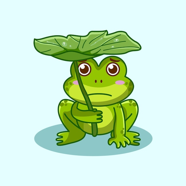 귀여운 슬픈 녹색 개구리는 고립 된 토란 잎 만화 캐릭터와 함께 대피소