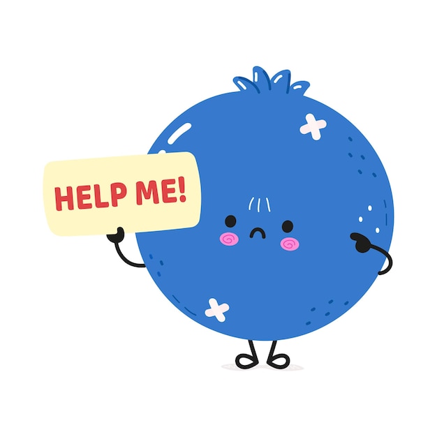 Cute sad sick Blueberry asks for help character