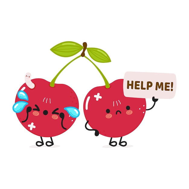 Cute sad sick cherry asks for help character