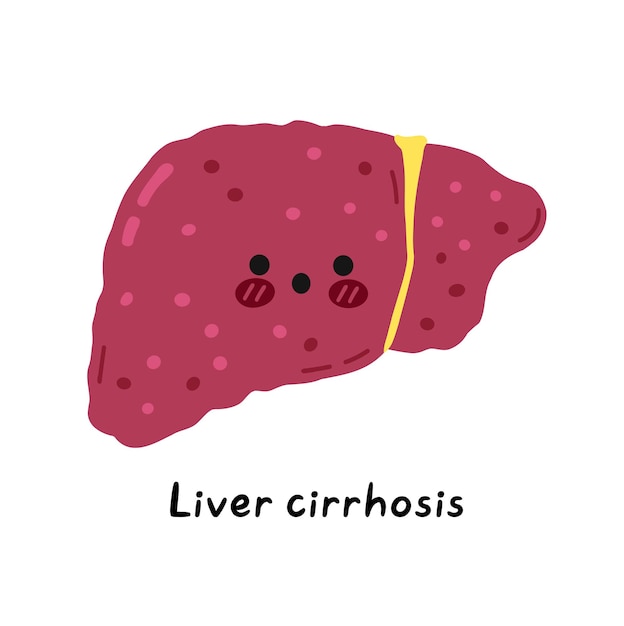 Cute sad sick funny liver organ cirrhosis character. Vector hand drawn cartoon kawaii character illustration icon. Isolated on white background. Human Liver cirrhosis, sick cartoon character concept