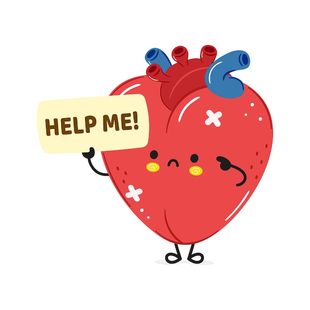 Cute sad sick heart organ asks for help character