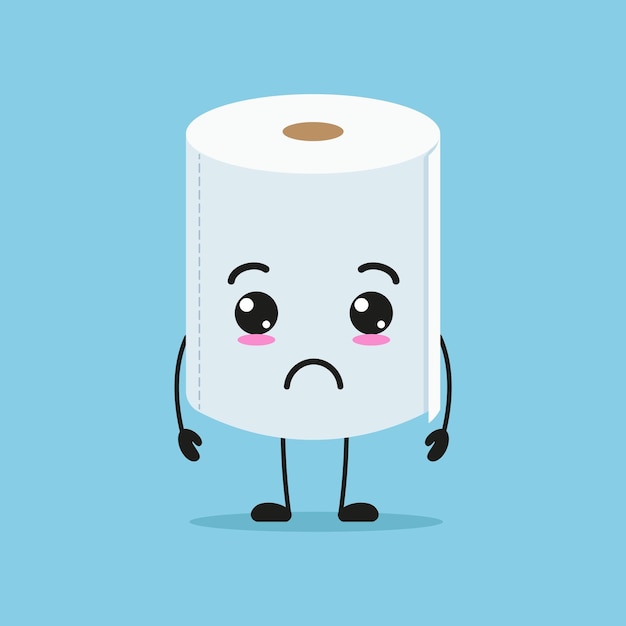 Cute sad toilet paper character Funny unhappy tissue cartoon emoticon in flat style emoji vector