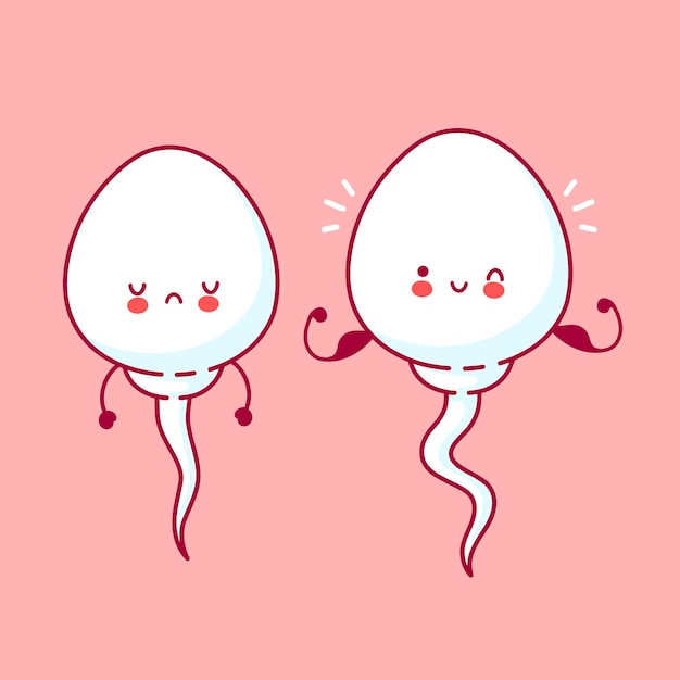 Vector cute sad unhealthy and happy strong funny sperm cell.   line cartoon kawaii character illustration icon. fertilization concept