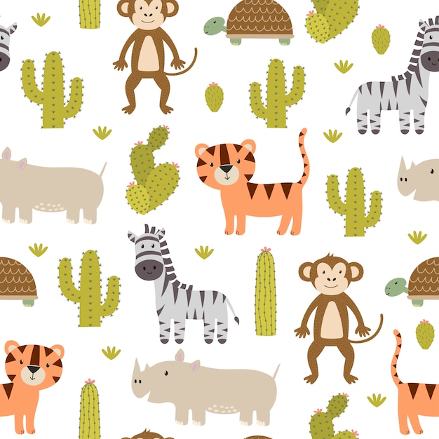 Cute safari animals seamless pattern.  