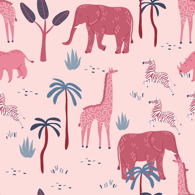 かわいいサファリ野生動物シームレスパターンベクトルイラストeps10デザインのファッション生地テキスタイル壁紙カバーウェブラッピング